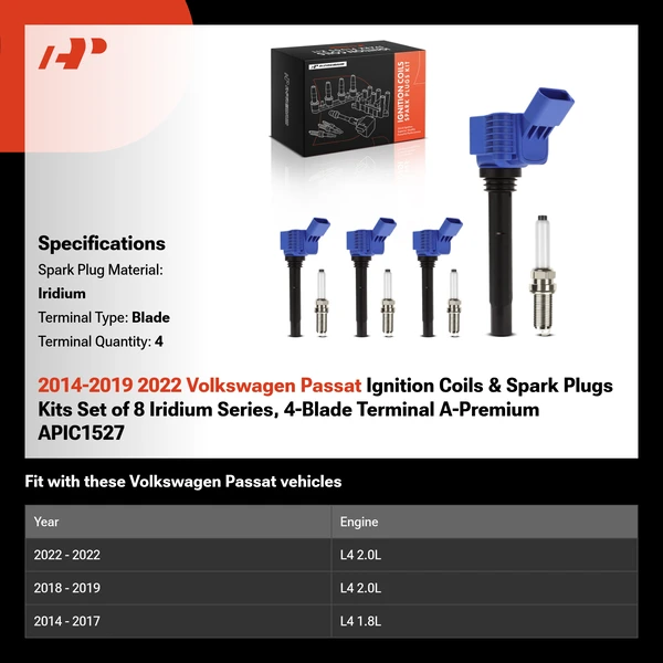 2014-2019 2022 Volkswagen Passat Ignition Coils & Spark Plugs Kits Set of 8 Iridium Series, 4-Blade Terminal A-Premium APIC1527
