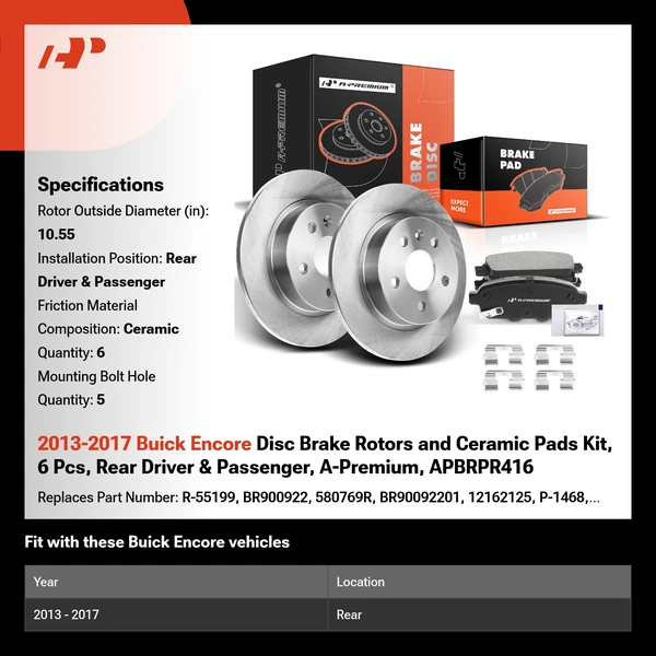 2013-2017 Buick Encore Disc Brake Rotors and Ceramic Pads Kit, 6 Pcs, Rear Driver & Passenger, A-Premium, APBRPR416