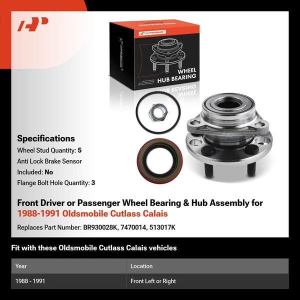 Front Driver or Passenger Wheel Bearing & Hub Assembly for 1988-1991 Oldsmobile Cutlass Calais