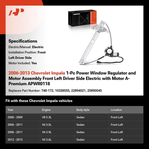 2006-2013 Chevrolet Impala 1-Pc Power Window Regulator and Motor Assembly Front Left Driver Side Electric with Motor A-Premium APWR0118
