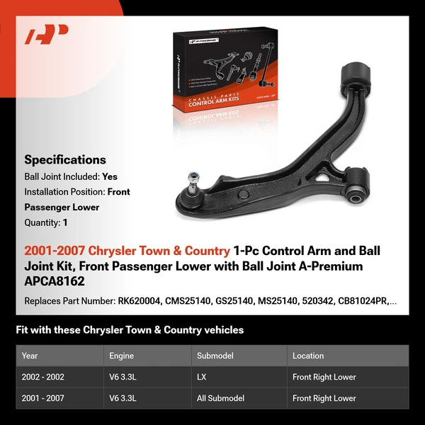 2001-2007 Chrysler Town & Country 1-Pc Control Arm and Ball Joint Kit, Front Passenger Lower with Ball Joint A-Premium APCA8162