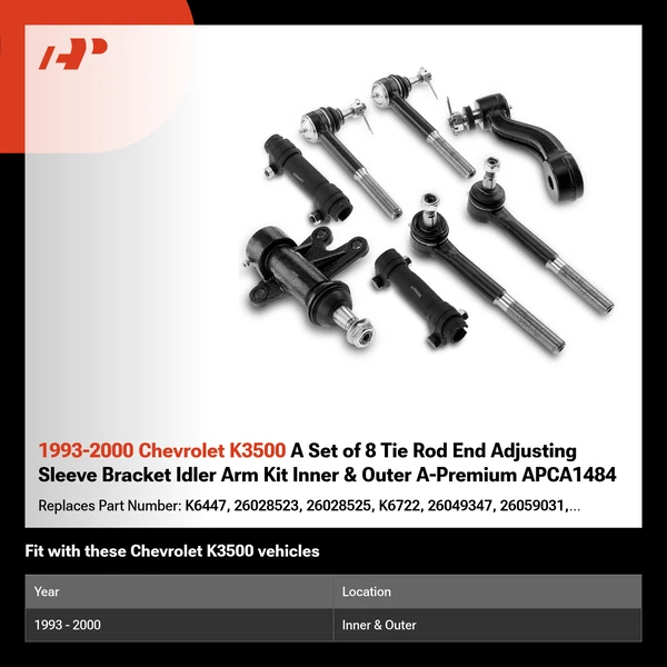 1993-2000 Chevrolet K3500 A Set of 8 Tie Rod End Adjusting Sleeve Bracket Idler Arm Kit Inner & Outer A-Premium APCA1484