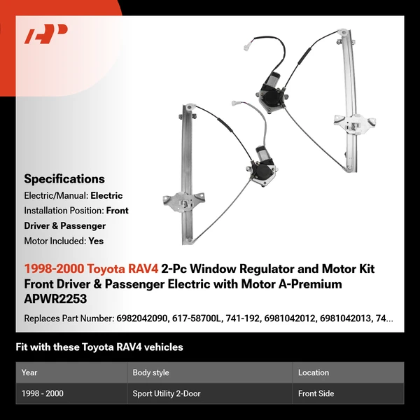 1998-2000 Toyota RAV4 2-Pc Window Regulator and Motor Kit Front Driver & Passenger Electric with Motor A-Premium APWR2253