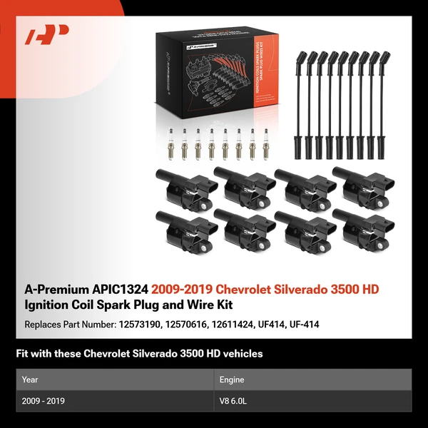 A-Premium APIC1324 2009-2019 Chevrolet Silverado 3500 HD Ignition Coil Spark Plug and Wire Kit