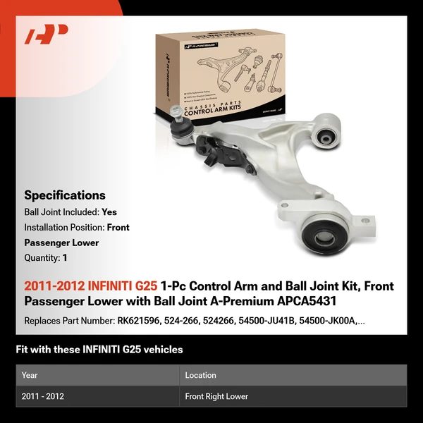 2011-2012 INFINITI G25 1-Pc Control Arm and Ball Joint Kit, Front Passenger Lower with Ball Joint A-Premium APCA5431