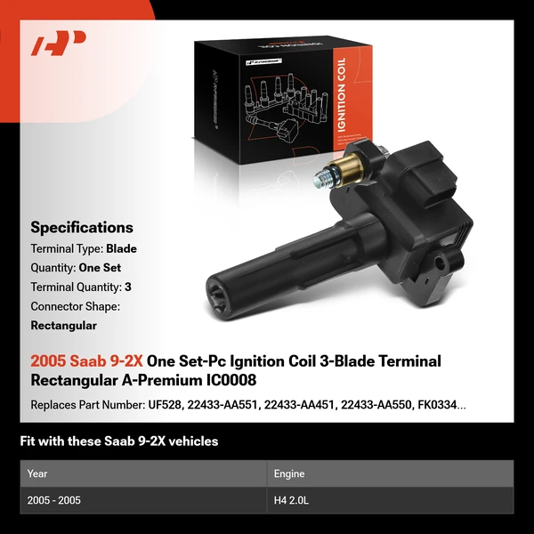2005 Saab 9-2X One Set-Pc Ignition Coil 3-Blade Terminal Rectangular A-Premium IC0008