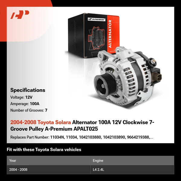 2004-2008 Toyota Solara Alternator 100A 12V Clockwise 7-Groove Pulley A-Premium APALT025