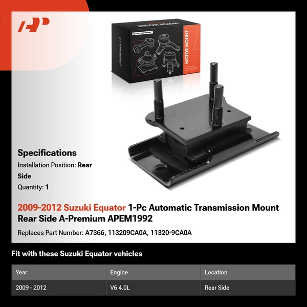 2009-2012 Suzuki Equator 1-Pc Automatic Transmission Mount Rear Side A-Premium APEM1992