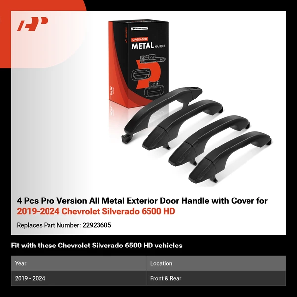 4 Pcs Pro Version All Metal Exterior Door Handle with Cover for 2019-2024 Chevrolet Silverado 6500 HD