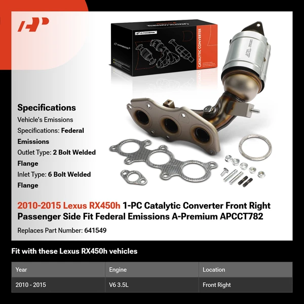 2010-2015 Lexus RX450h 1-PC Catalytic Converter Front Right Passenger Side Fit Federal Emissions A-Premium APCCT782