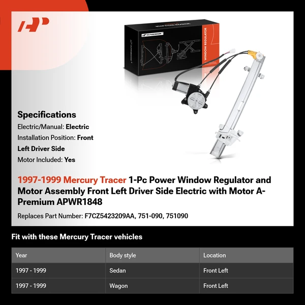 1997-1999 Mercury Tracer 1-Pc Power Window Regulator and Motor Assembly Front Left Driver Side Electric with Motor A-Premium APWR1848
