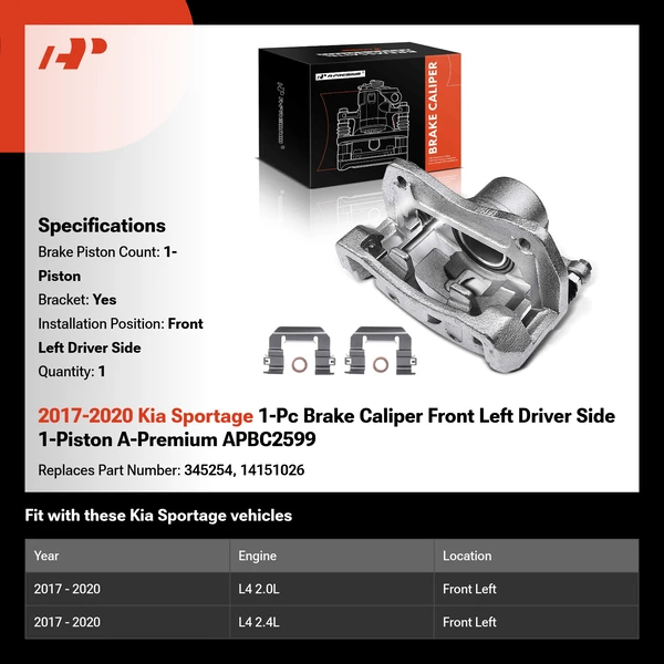 2017-2020 Kia Sportage 1-Pc Brake Caliper Front Left Driver Side 1-Piston A-Premium APBC2599