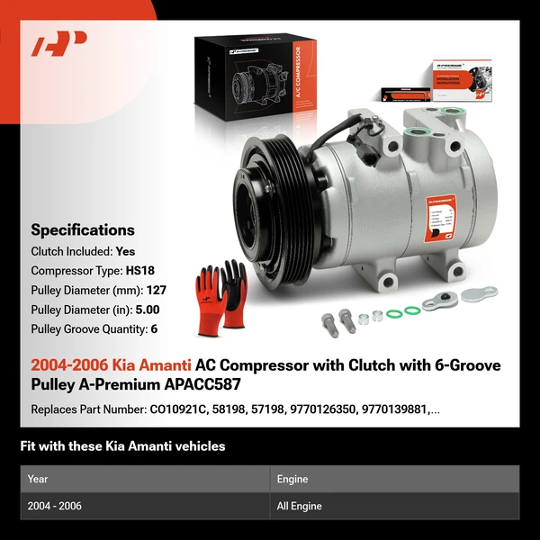 2004-2006 Kia Amanti AC Compressor with Clutch with 6-Groove Pulley A-Premium APACC587