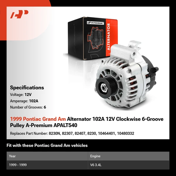 1999 Pontiac Grand Am Alternator 102A 12V Clockwise 6-Groove Pulley A-Premium APALT540