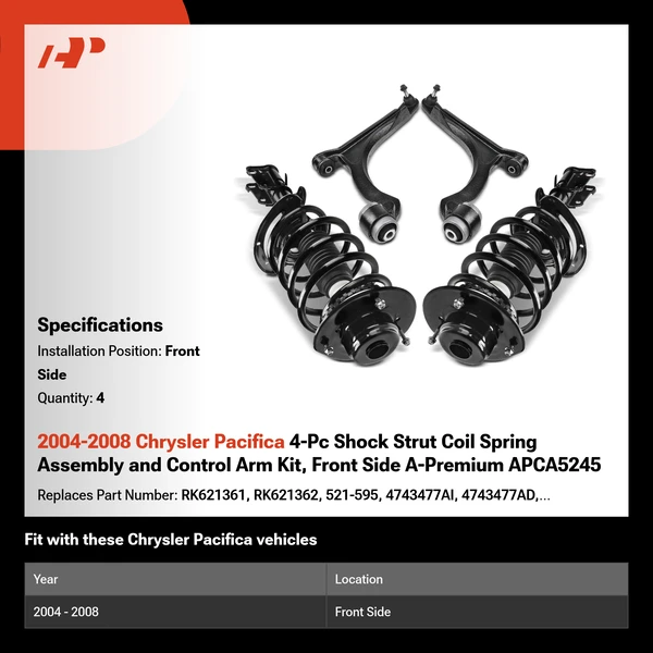 2004-2008 Chrysler Pacifica 4-Pc Shock Strut Coil Spring Assembly and Control Arm Kit, Front Side A-Premium APCA5245