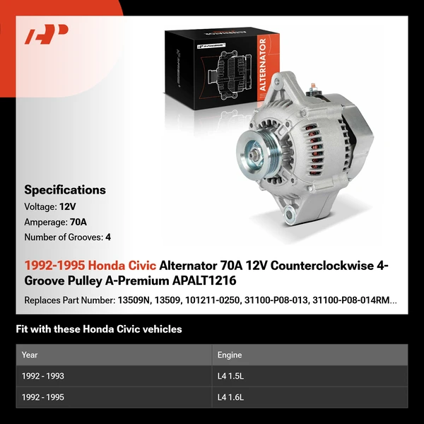 1992-1995 Honda Civic Alternator 70A 12V Counterclockwise 4-Groove Pulley A-Premium APALT1216
