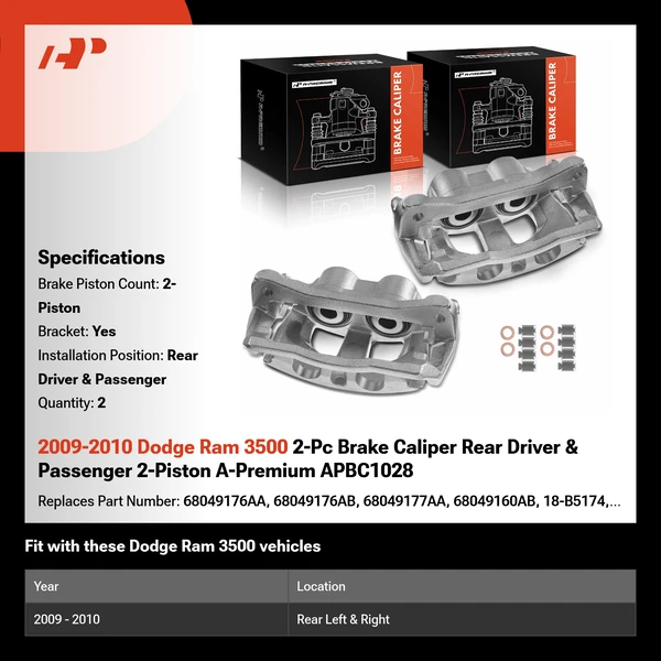 2009-2010 Dodge Ram 3500 2-Pc Brake Caliper Rear Driver & Passenger 2-Piston A-Premium APBC1028