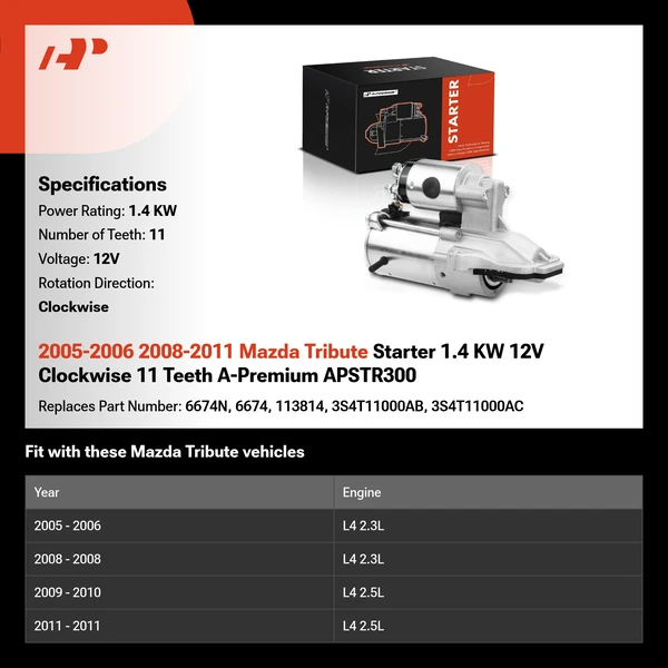 2005-2006 2008-2011 Mazda Tribute Starter 1.4 KW 12V Clockwise 11 Teeth A-Premium APSTR300