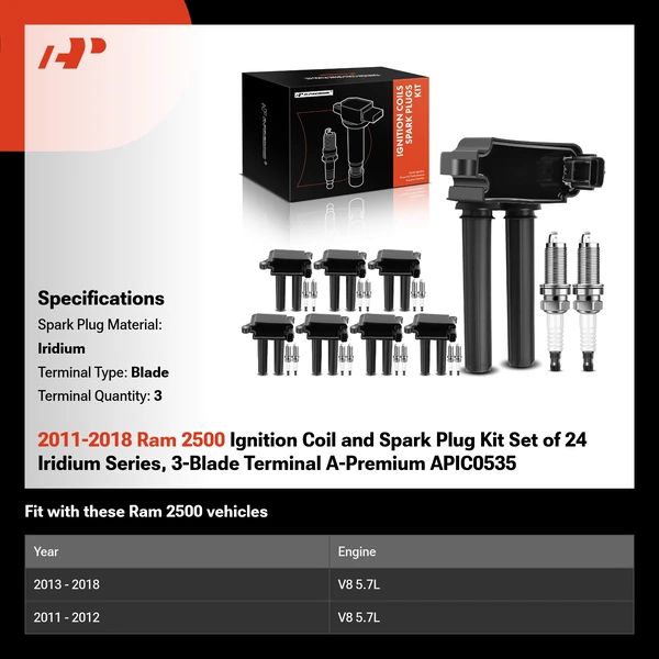 2011-2018 Ram 2500 Ignition Coil and Spark Plug Kit Set of 24 Iridium Series, 3-Blade Terminal A-Premium APIC0535