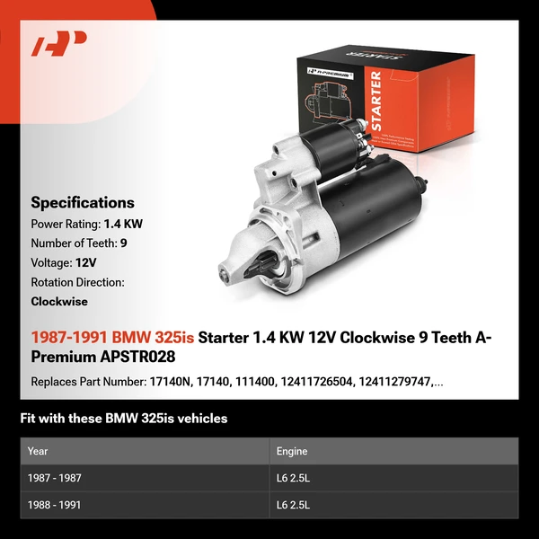1987-1991 BMW 325is Starter 1.4 KW 12V Clockwise 9 Teeth A-Premium APSTR028