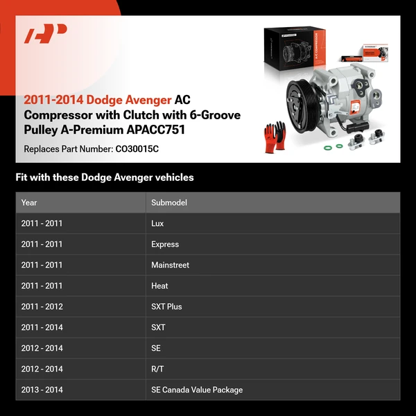 2011-2014 Dodge Avenger AC Compressor with Clutch with 6-Groove Pulley A-Premium APACC751