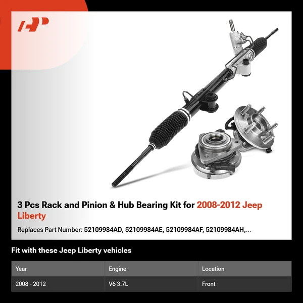 3 Pcs Rack and Pinion & Hub Bearing Kit for 2008-2012 Jeep Liberty