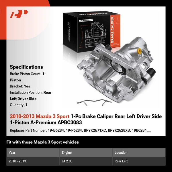 2010-2013 Mazda 3 Sport 1-Pc Brake Caliper Rear Left Driver Side 1-Piston A-Premium APBC3083