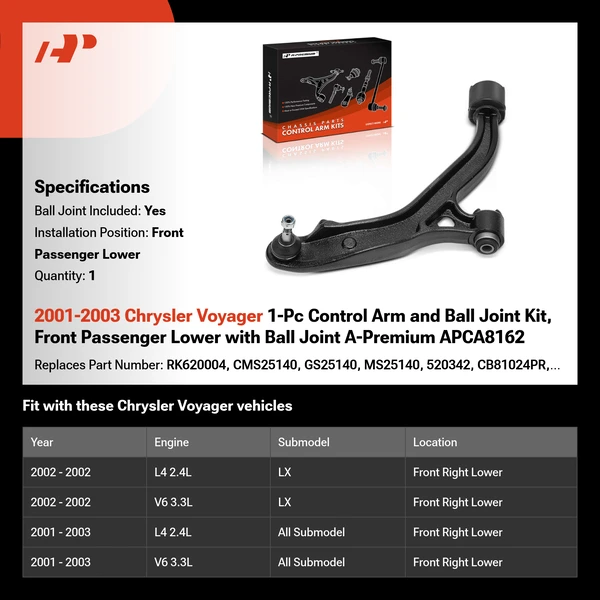 2001-2003 Chrysler Voyager 1-Pc Control Arm and Ball Joint Kit, Front Passenger Lower with Ball Joint A-Premium APCA8162
