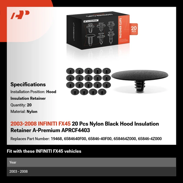 2003-2008 INFINITI FX45 20 Pcs Nylon Black Hood Insulation Retainer A-Premium APRCF4403