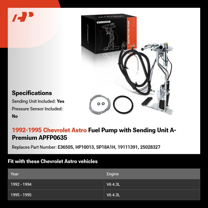 1992-1995 Chevrolet Astro Fuel Pump with Sending Unit A-Premium APFP0635