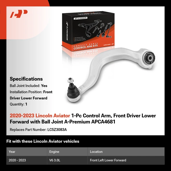 2020-2023 Lincoln Aviator 1-Pc Control Arm, Front Driver Lower Forward with Ball Joint A-Premium APCA4681