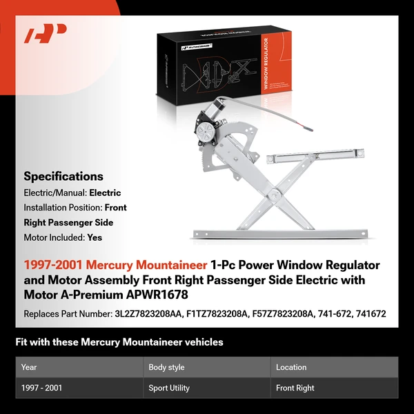 1997-2001 Mercury Mountaineer 1-Pc Power Window Regulator and Motor Assembly Front Right Passenger Side Electric with Motor A-Premium APWR1678