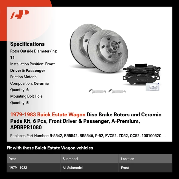 1979-1983 Buick Estate Wagon Disc Brake Rotors and Ceramic Pads Kit, 6 Pcs, Front Driver & Passenger, A-Premium, APBRPR1080