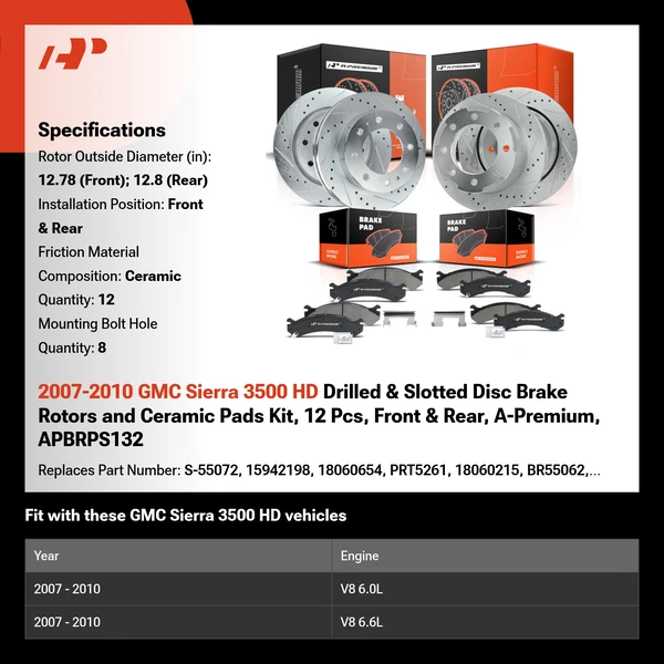 2007-2010 GMC Sierra 3500 HD Drilled & Slotted Disc Brake Rotors and Ceramic Pads Kit, 12 Pcs, Front & Rear, A-Premium, APBRPS132