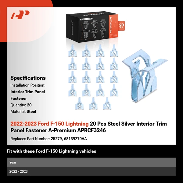 2022-2023 Ford F-150 Lightning 20 Pcs Steel Silver Interior Trim Panel Fastener A-Premium APRCF3246