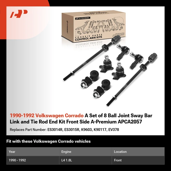1990-1992 Volkswagen Corrado A Set of 8 Ball Joint Sway Bar Link and Tie Rod End Kit Front Side A-Premium APCA2057