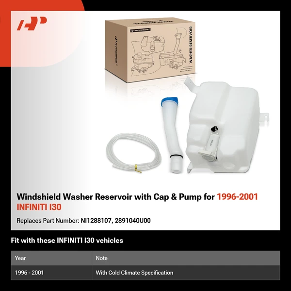 Windshield Washer Reservoir with Cap & Pump for 1996-2001 INFINITI I30