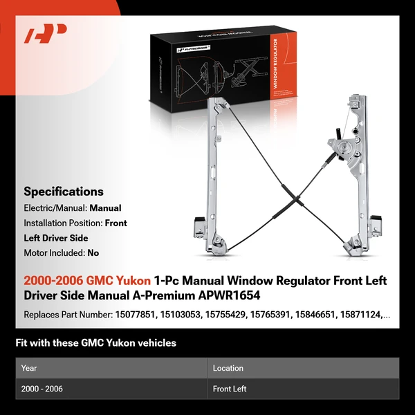 2000-2006 GMC Yukon 1-Pc Manual Window Regulator Front Left Driver Side Manual A-Premium APWR1654