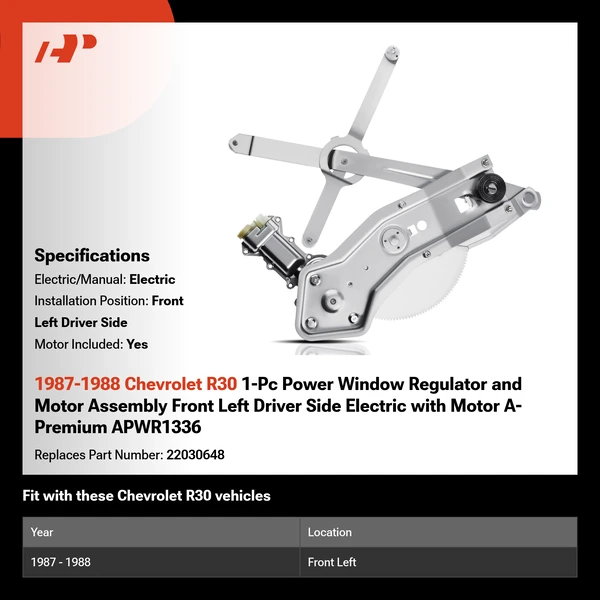 1987-1988 Chevrolet R30 1-Pc Power Window Regulator and Motor Assembly Front Left Driver Side Electric with Motor A-Premium APWR1336
