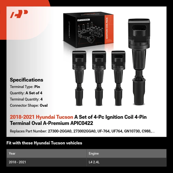 2018-2021 Hyundai Tucson A Set of 4-Pc Ignition Coil 4-Pin Terminal Oval A-Premium APIC0422