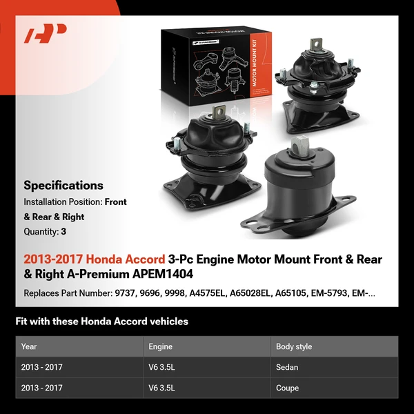 2013-2017 Honda Accord 3-Pc Engine Motor Mount Front & Rear & Right A-Premium APEM1404