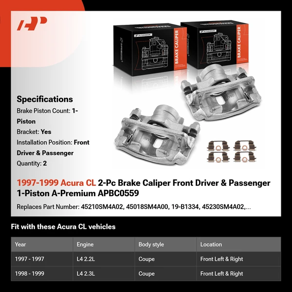1997-1999 Acura CL 2-Pc Brake Caliper Front Driver & Passenger 1-Piston A-Premium APBC0559