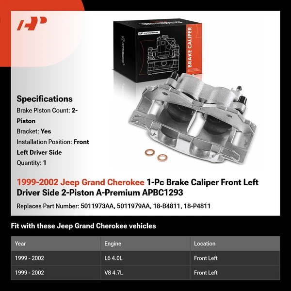 1999-2002 Jeep Grand Cherokee 1-Pc Brake Caliper Front Left Driver Side 2-Piston A-Premium APBC1293