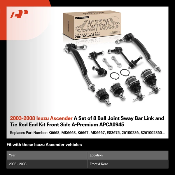 2003-2008 Isuzu Ascender A Set of 8 Ball Joint Sway Bar Link and Tie Rod End Kit Front Side A-Premium APCA0945