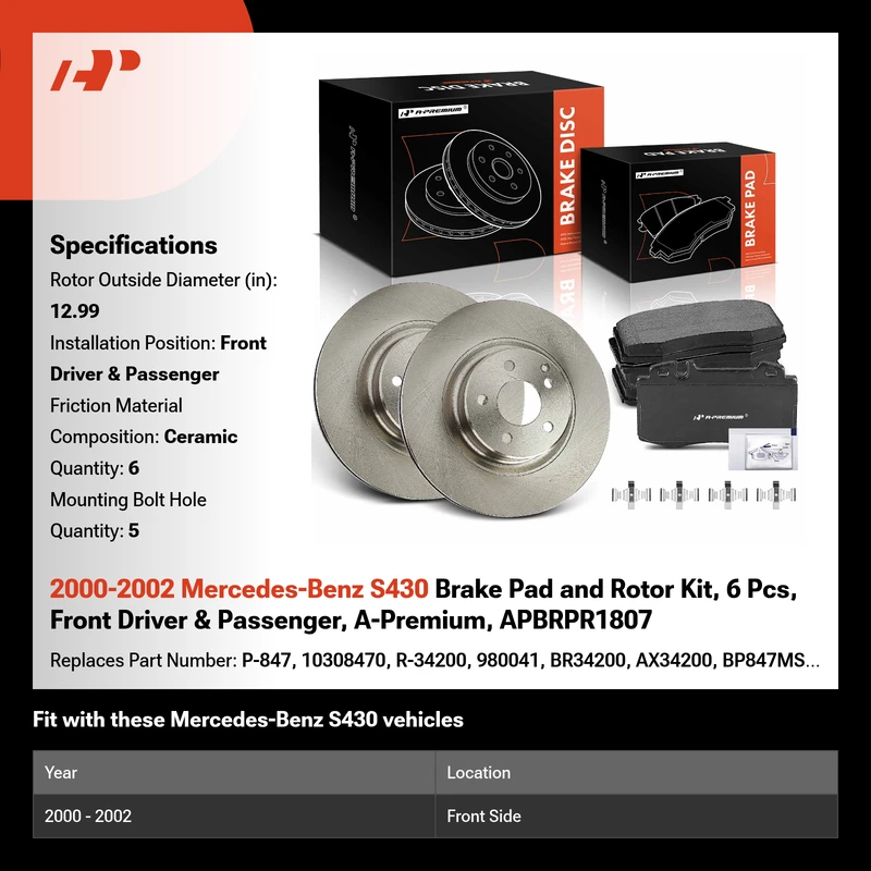 2000-2002 Mercedes-Benz S430 Brake Pad and Rotor Kit, 6 Pcs, Front Driver & Passenger, A-Premium, APBRPR1807