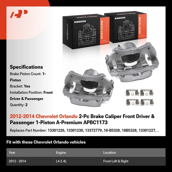 2012-2014 Chevrolet Orlando 2-Pc Brake Caliper Front Driver & Passenger 1-Piston A-Premium APBC1173