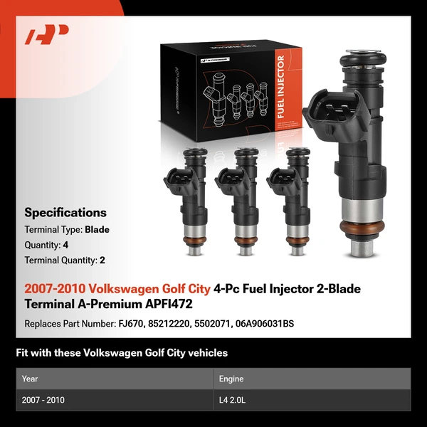 2007-2010 Volkswagen Golf City 4-Pc Fuel Injector 2-Blade Terminal A-Premium APFI472