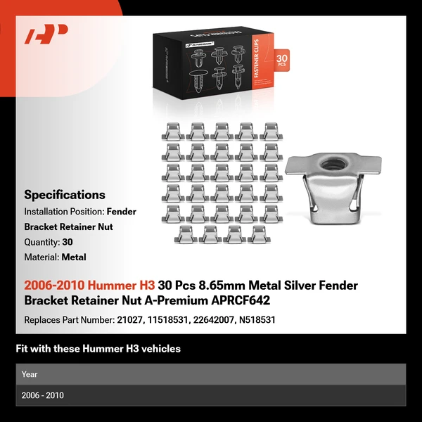 2006-2010 Hummer H3 30 Pcs 8.65mm Metal Silver Fender Bracket Retainer Nut A-Premium APRCF642