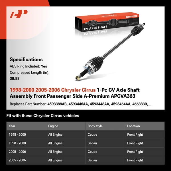 1998-2000 2005-2006 Chrysler Cirrus 1-Pc CV Axle Shaft Assembly Front Passenger Side A-Premium APCVA363