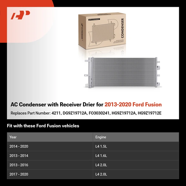 AC Condenser with Receiver Drier for 2013-2020 Ford Fusion